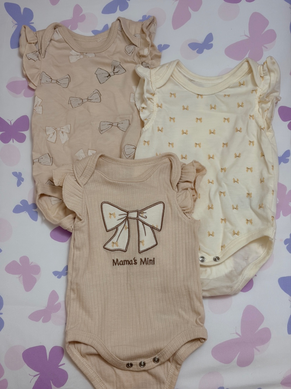 Mama's Mini Bow-Print Baby Bodysuit Set - Cream & Tan